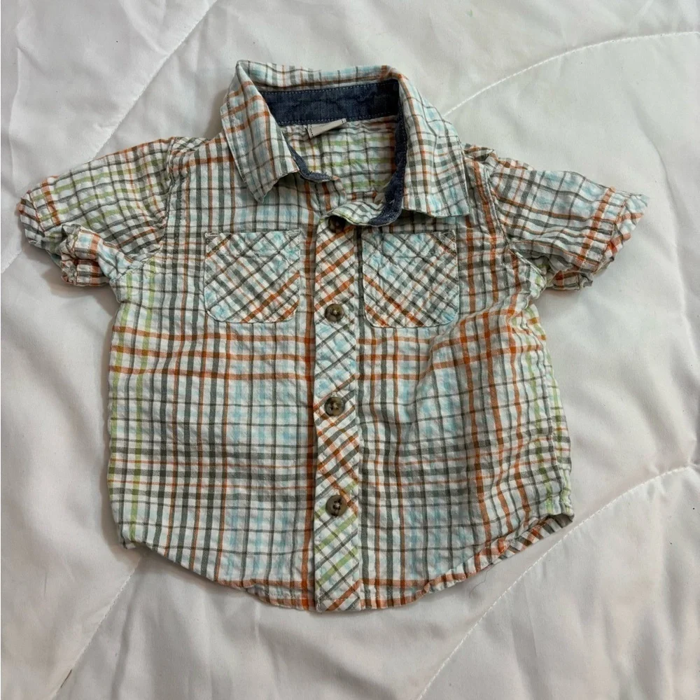 Old Navy Plaid Button Down Shirt - Orange, Green, Blue size 6-12 months very